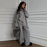 Temperament Famous Woman's Shoulder Solid Color Loose Long-Sleeved Sweater Trousers Set Two Sets Of
