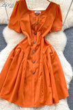 Vintage Square Collar Single Breasted Mini Dress Women Elegant Short Sleeve High Waist Ruffle Patchwork Casual