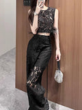 Sets Of 2025 Autumn Hollow Embroidered Flower Ostrich Wool Coat High Waist Broad Leg Trousers Set