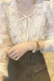 French Square Collar Apricot White Lace Blouse Autumn Casual Loose Tops Sweet Puff Long Sleeve Lace-up Shirt Blusas