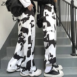 Cow Print Harem Pants Women Spring Casual High Waist Straight Pants Streetwear 90s Y2k Joggers Loose Wide Leg