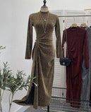 Design Sexy High Open Fork Folded Small Squint Dress Half-High Collared Shoulder Dress