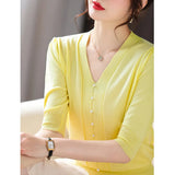 New Small Fragrant Wind V-Neck Pearl Button Ice Silk Sweater Age Reduction Show Thin Gentle Temperament
