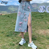 Flower Print Women's Long Denim Skirt Summer Harajuku High Waist Sexy Side Split Jeans Korean Streetwear Straight