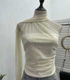 Shooting Mesh Ribbon Hanging Neck Folded Sleeveless Top Babes Two-Wearing Design Wrapping Bras