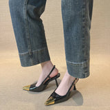 Summer New Metal Letter Iron Head Square Head High Heel Sandals Women Back Empty Fashion Black