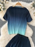 Women Pleated Two Piece Set Vintage Round Neck Short Sleeve Tops + High Waist Draped Skirt Gradient Suit Female New