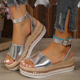 Summer New Large-Size Fish Mouth Buckle Slope Heel Sandals Women's Fashion Comfortable Thick-Soled Bright Face Women's