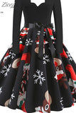 Women Christmas Dress Long Sleeve Vintage Elegant V Neck Print Big Swing Party Xmas New Year Winter Clothes S~3XL
