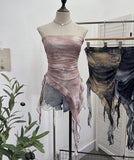 Dyed Lotus Leaf Edge Mesh Shaft Irregular Ribbon Thin Belt Wrapped Bra Vest Top