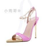 New Women's Shoes Candy Color Tip Fine High Heel Sandals Metal Chain Fashion