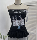 Kitten Print Bow Sweetheart Hottie With Chest Pads With Chest Bra Vest Wooden Ear Top