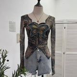 Shooting Pure Sexful V-Neck Umbilly T-Shirt Female Hairy Denim Butterfly Embroidered Mesh Yarn Long Sleeve Top