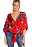 Women's Sexy Hot Girl Spring And Summer V-Neck Short-Sleeved Knot Print