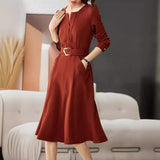 And Autumn 2025 Luxury Temperament Orange Red Design Sense V Collar Long-Sleeved Dress Elegant Commute Fashion Long