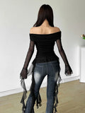 Sweet Spicy Sister Wind Lotus Leaf Side Splicing A Word Shoulder Long-Sleeved T-Shirt Girl Slimmed Hottie Autumn