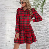Spring And Summer Cake Dress Plaid Shirt Long Sleeve Single-D Row Buckle Women's
