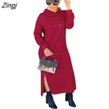 Women Long Sleeve Hooded Dress Solid Color Side Split Skinny Long Sweatshirts Winter Autumn Thermal Casual