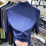 Zingj Slim Half-High Neck Five Part Sleeve T-Shirt Women's Design Sense Niche New Slim Bottom Shirt Middle Sleeve