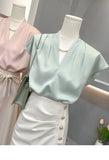 Zingj Sense Of Satin Acetic Acid Shirt Female Design Sense Niche V-Neck Solid Color French Small Flying Sleeve Summer Top