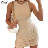 New Women Sleeveless Ruched Bodycon Slim Mini Dress Fashion Stylish Solid Color Ribbed Summer Sundress for Ladies