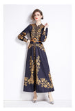 Retro Elegant Print Dress Women's Spring New French Court Style Waist Single Buckle Long