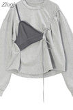 Long Sleeve Hoodless Hoodies Women 2023 Autumn Patchwork Fake Two-Piece Sling Design Oversize Sweatshirt Pullover