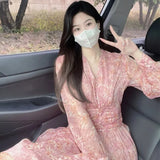 Clothing V-Neck Dresses Print Korean Style Fashion New Long Sleeve Chiffon Dress Women Pink Vestidos Clothes Summer