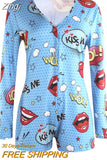 Women V-neck Bodycon Sleepwear Jumpsuit Bodysuit Shorts Romper Bodysuit Leotard Long Sleeve Lips Print Button