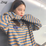 Sleeve T-shirts Women Retro Striped Classic Korean College Spring Autumn Teens Tops Tee All-match Daily Lovely Girls