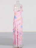 Seaside Holiday Wind V-Neck Suspension Dress 2025 New High-End Printed Lotus Leaf Side Design Long