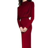 Women's Clothing 2025 Spring New Dress Fashion Temperament Waist Solid Color Long-Sleeved