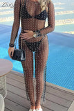 Sexy Women Swimsuits Bikinis Cover Ups Long Sleeve Dress Pearls Patchwork See Through Bodycon Long Maxi Dress