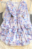 Women Green/Purple/Beige Floral Chiffon Dress Bohemian V-Neck Lantern Long Sleeve High Waist Ruffle Vestidos Female