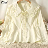 Sweet White Shirt Women Korean Lace Up Peter Pan Collar Blouses Spring Autumn Elegant Office Work Long Sleeve Ladies