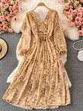Autumn Women Floral Chiffon Midi Dress Vintage V-Neck Flare Long Sleeve High Waist A-Line Vestidos Female New