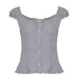 Girl Age-Sensitive French Retro Checkered Low-Chest Shoulder Short-Sleeved T-Shirts Single-Breasted Buckle Thin