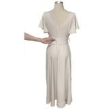 Zingj New V-Neck Dress Solid Color Lotus Leaf Sleeve Dress Temperament Commuter Waist Dress-Outfit