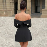 Women's Clothing New Fashion Temperament Bare Back One-Word Collar Straight Long-Sleeved A-Character Dress