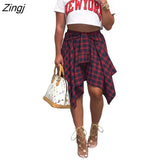 Women Plaid Print Irregular High Waist Knee Length Skirts 2023 Summer Holiday Streetwear Lace Up Waist