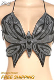 Glitter Sequin Backless Butterfly Cropped Tank Top Rave Festival Party Club Outfits Women Y2k Clothes Cute Sexy Crop