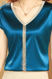 Lady Casual Loose Tops Mujer Satin Blouse Women Summer Short Sleeve Shirt Solid Fashion Tassel V-neck Clothes