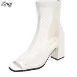 Summer New Fashion Mesh/mesh Fish Mouth Short Tube High Heels Hollow Women's Breathable Riding Boots Thick Heel
