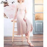 Women Knitted Long Dress Ribbed Elegant Midi Bodycon Sweater Dress Official Ladies Bandage Pleated Dresses