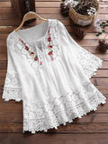 Cotton Linen Stitching Lace Elegant Solid Color V-neck Loose Women's