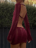 Backless Distressed Long Sleeve Party Mini Dress- Outfit