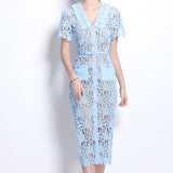 Scented Dress Woman Summer Famous Doll Collar Short Sleeve Nail Bead Single Buckle Repair Slim Thin Lace Hook