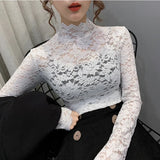 Zingj Color Lace Bottom Shirt Female Spring Versatile Half Turtleneck Small Shirt Jacket Hollow Out Sexy With Long Sleeve Bottom
