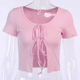 Sexy Cropped Top Lace up Short Sleeve Hollow out Front Split Hem O-Neck Slim Women Fashion Summer New Sexy