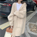 Korean Version Of The Long Lazy Outside The Hooded Sweater Coat Women's Autumn And Winter Large Pocket Loose Knitted Open